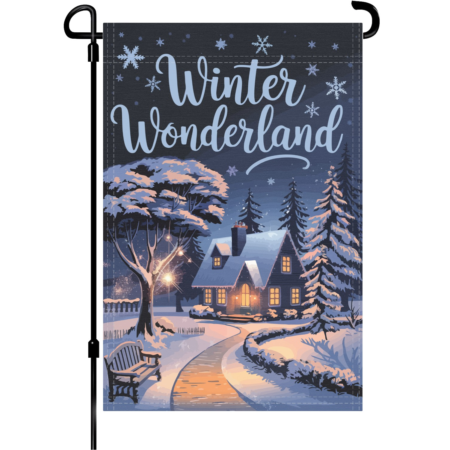 Winter Wonderland garden flag made of weatherproof polyester mounted on a garden flagpole | Bannerfi