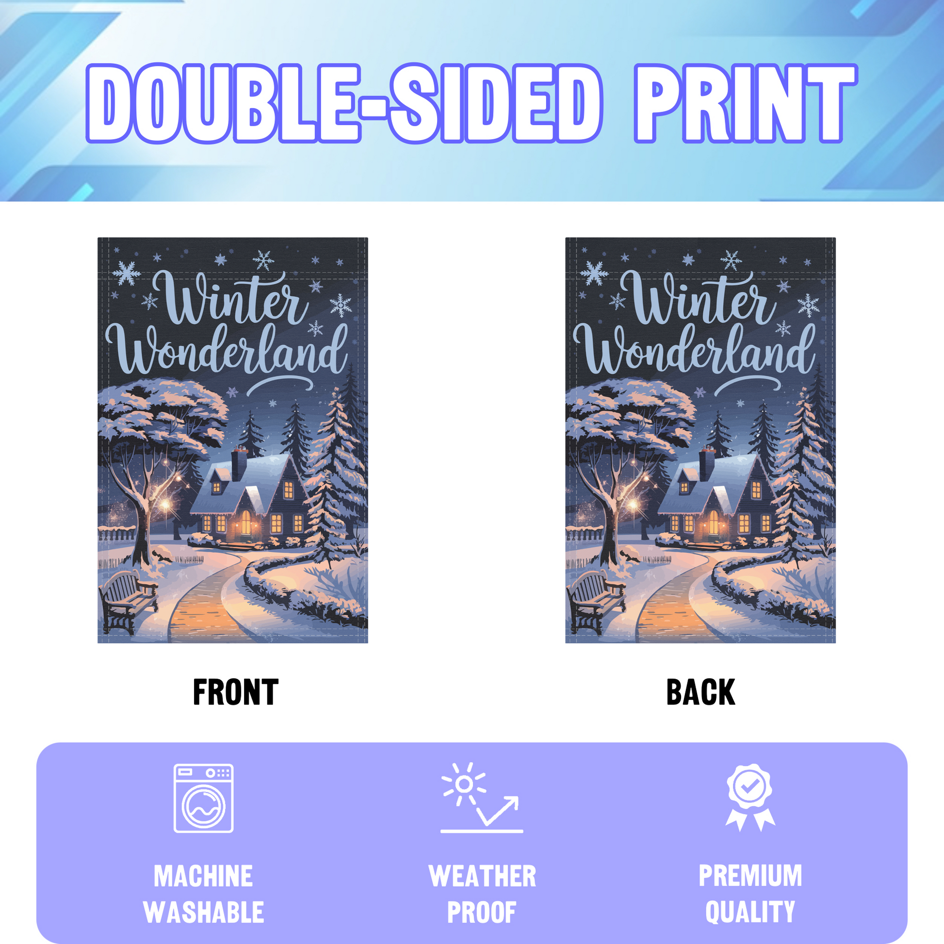 Winter Wonderland garden flag displayed in an infographic, showing the double sided print and high quality characteristics | Bannerfi