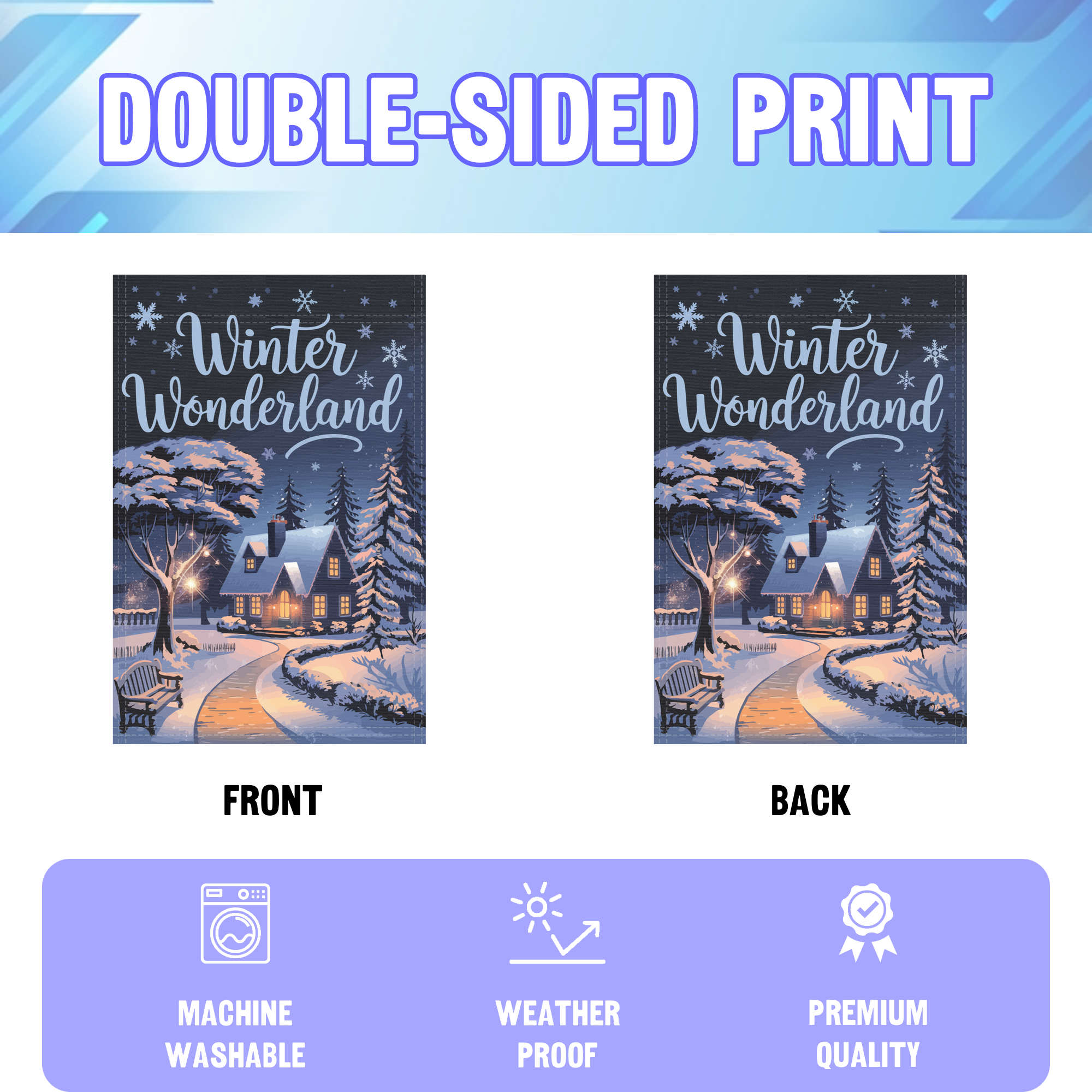 Winter Wonderland garden flag displayed in an infographic, showing the double sided print and high quality characteristics | Bannerfi
