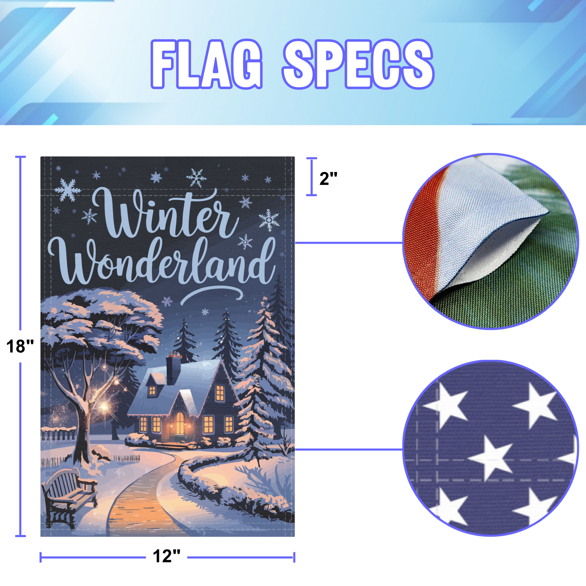 Winter Wonderland garden flag size specifications, showing 12 inch width by 18 inch height and a 2 inch pole sleeve for a standard garden flagpole.