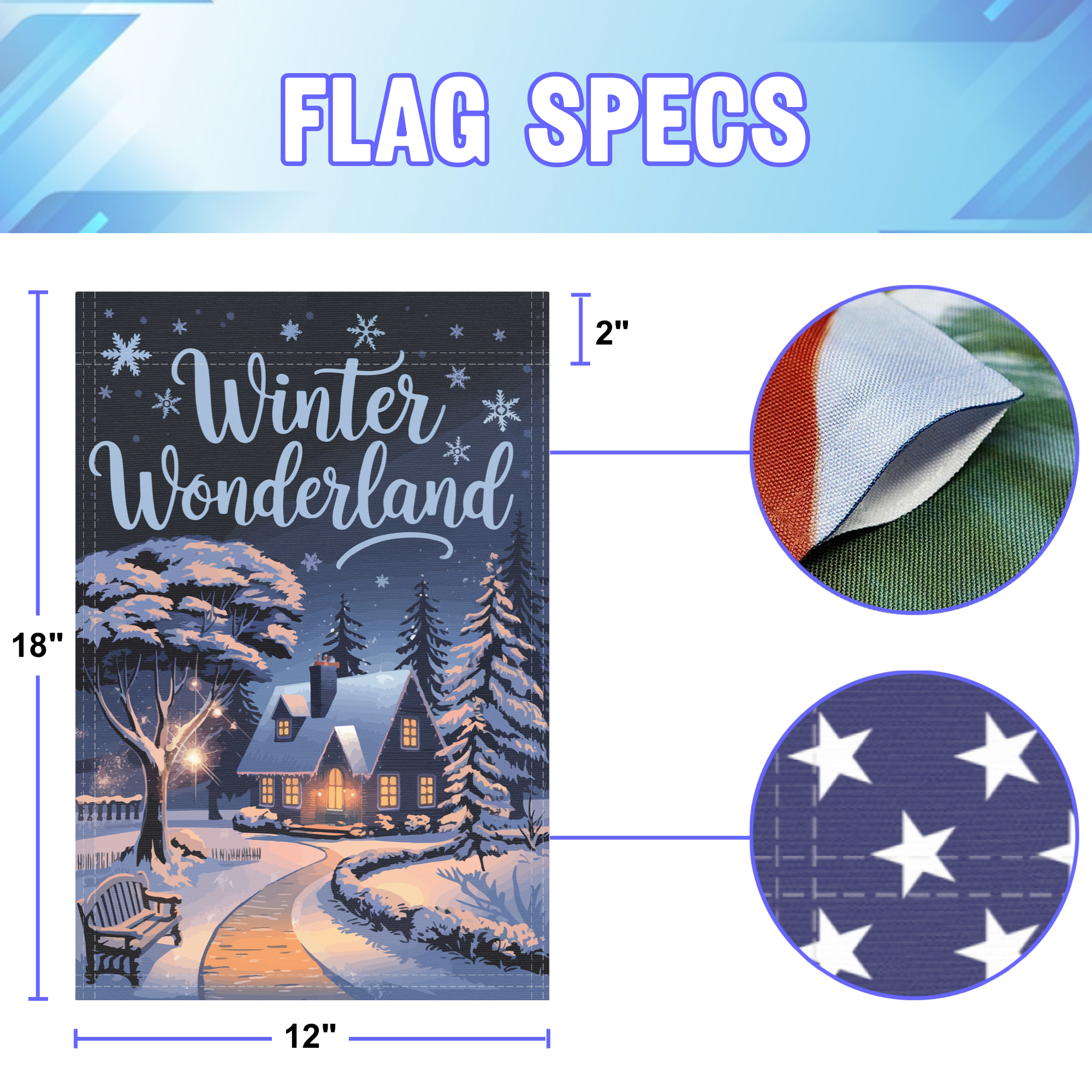 Winter Wonderland garden flag size specifications, showing 12 inch width by 18 inch height and a 2 inch pole sleeve for a standard garden flagpole.