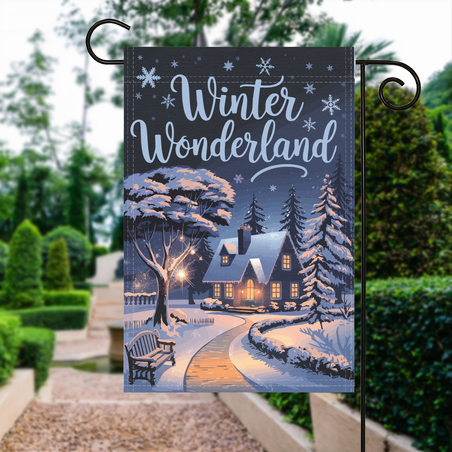 Winter Wonderland garden flag made of weatherproof polyester displayed in a garden | Bannerfi