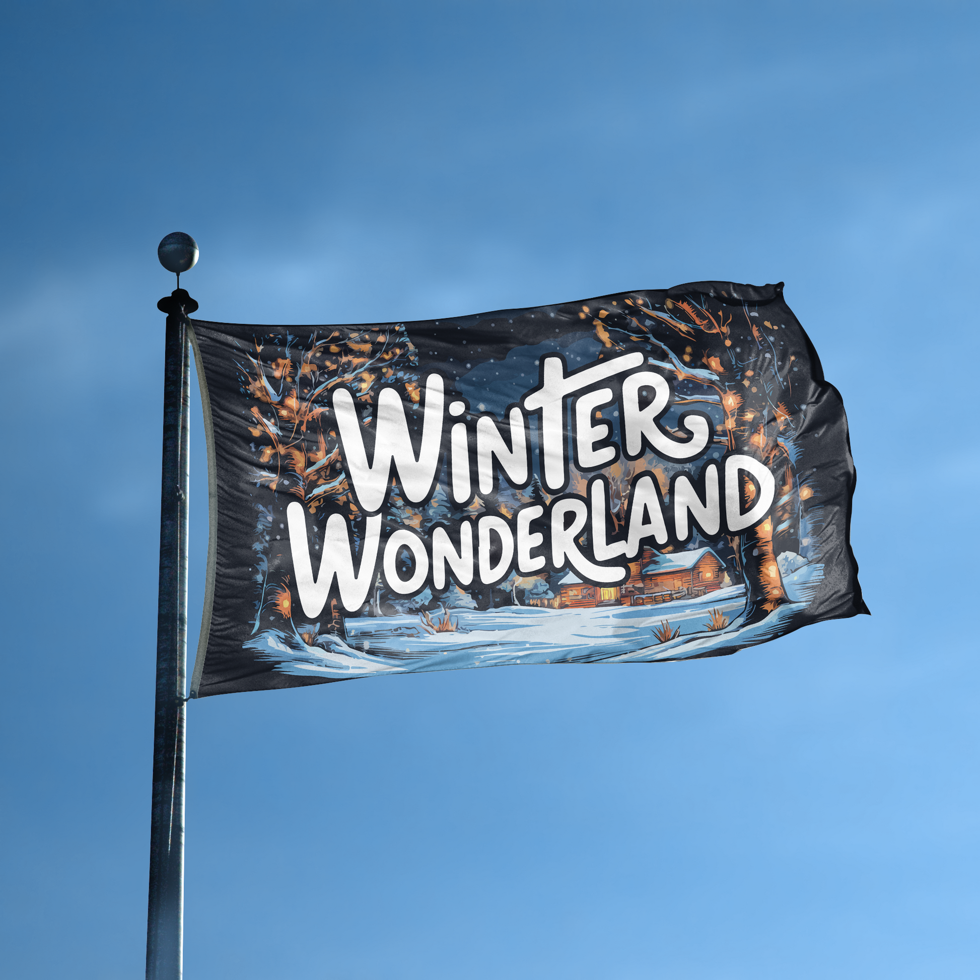 Flag with 'Winter Wonderland' text against a blue sky
