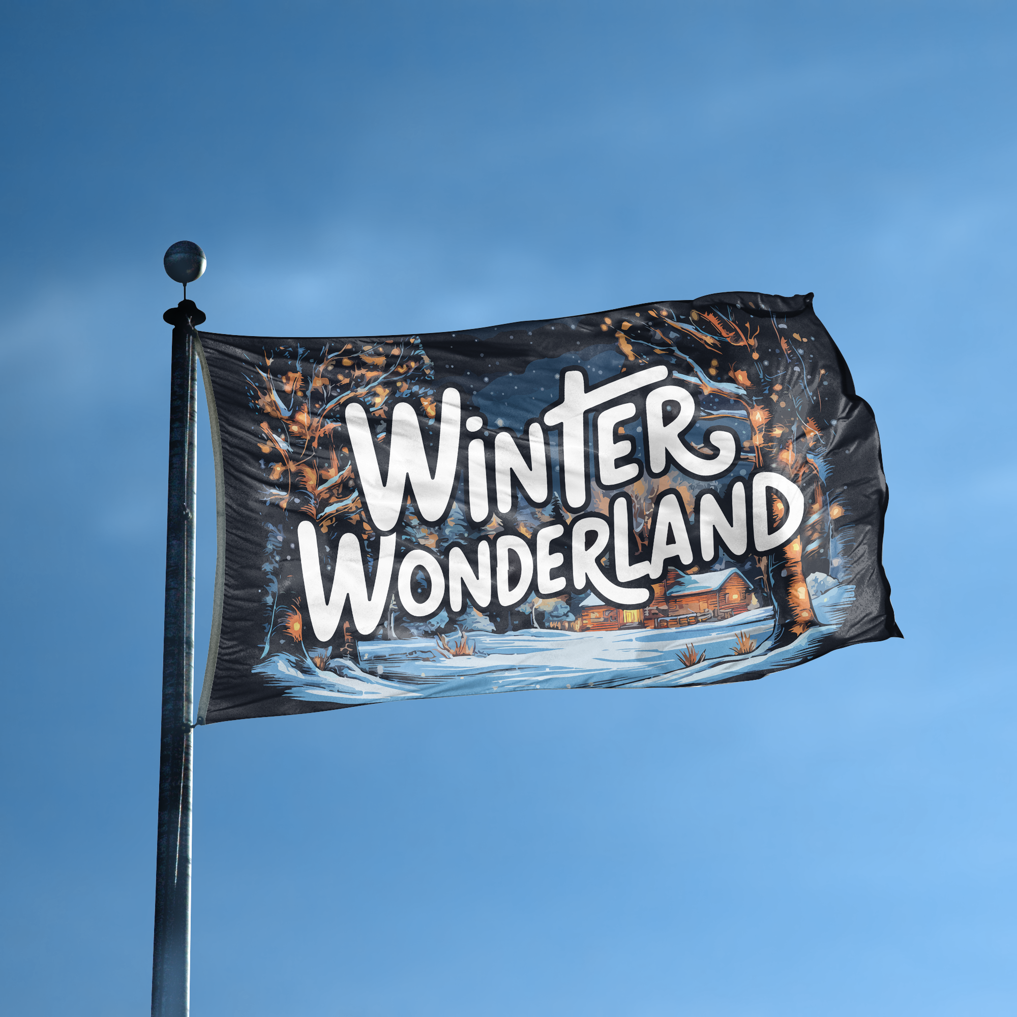 Flag with 'Winter Wonderland' text against a blue sky