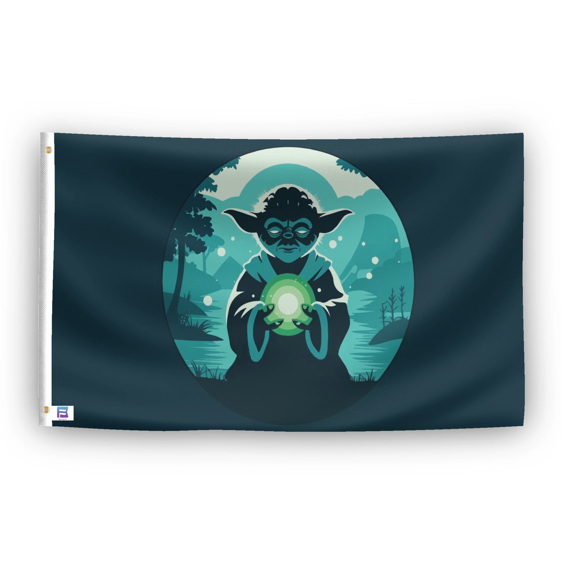 A flag with the theme "Star Wars Baby Yoda", displayed with two brass grommets reinforced with a white canvas header.