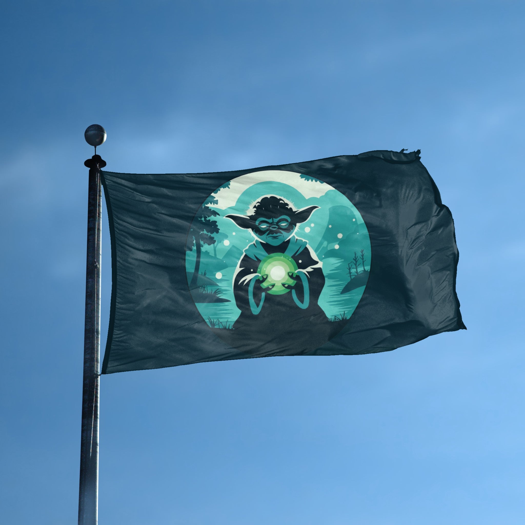 A flag with the theme "Star Wars Baby Yoda" displayed on a tall flag pole and blue skies.