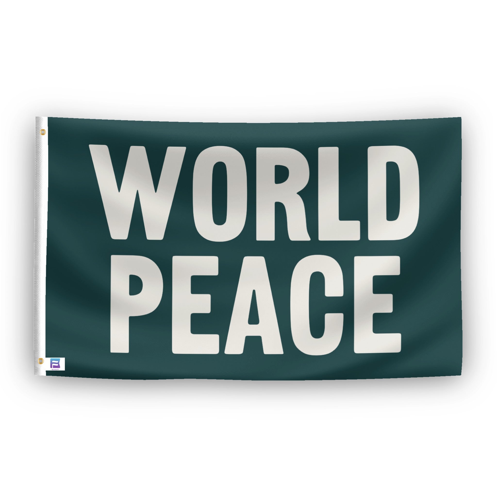 A flag with the theme "World Peace", displayed with two brass grommets reinforced with a white canvas header.