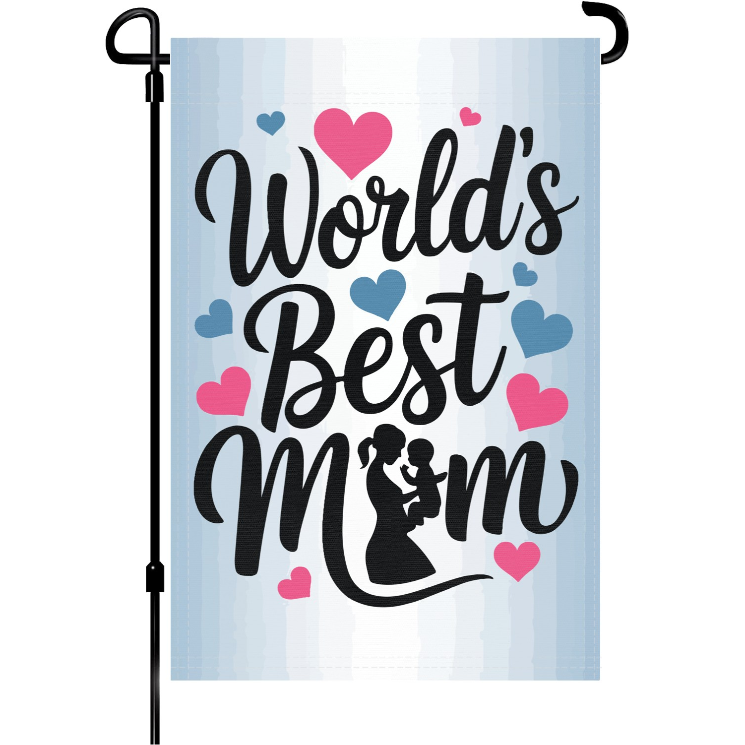 World's Best Mom Hearts garden flag made of weatherproof polyester mounted on a garden flagpole | Bannerfi