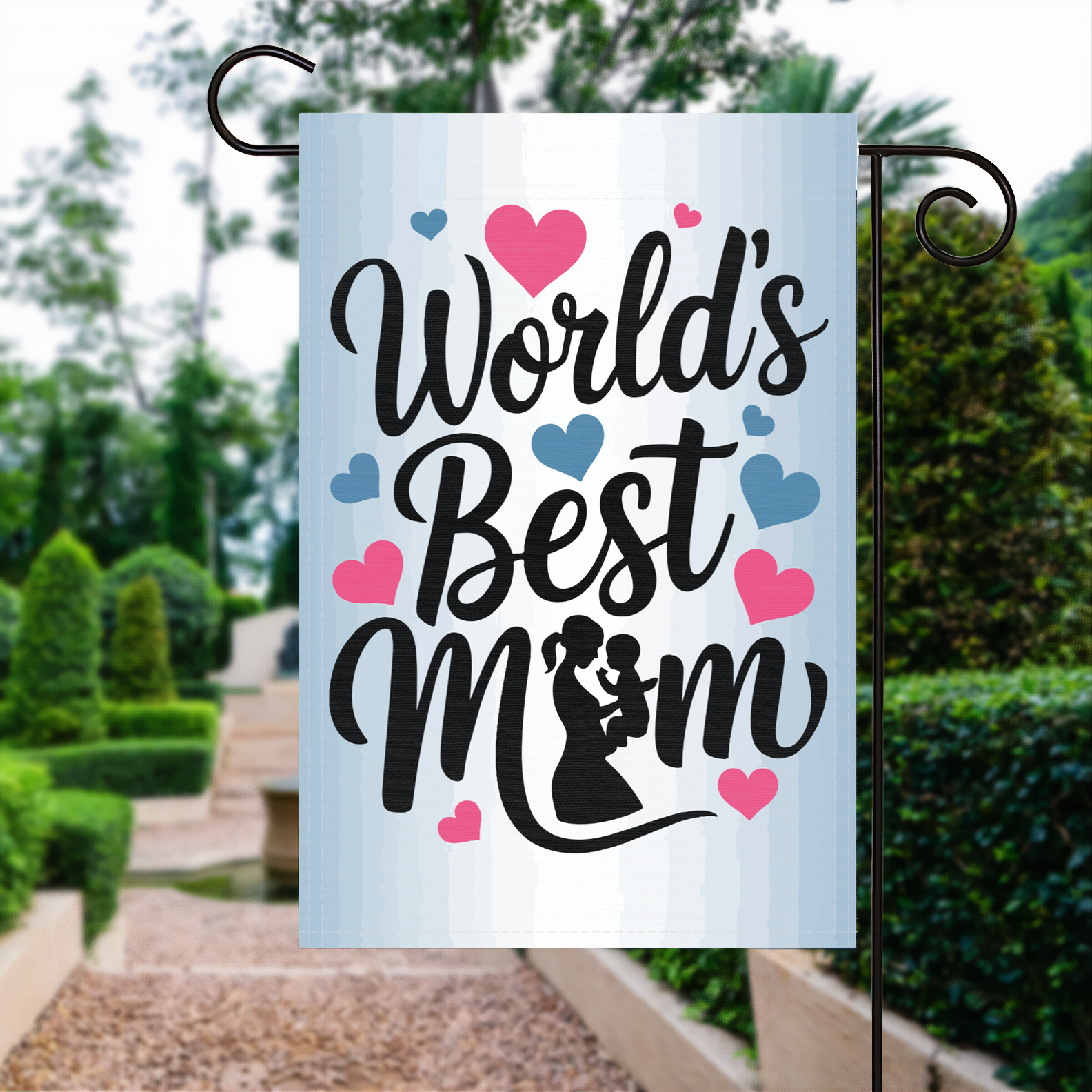 World's Best Mom Hearts garden flag made of weatherproof polyester displayed in a garden | Bannerfi