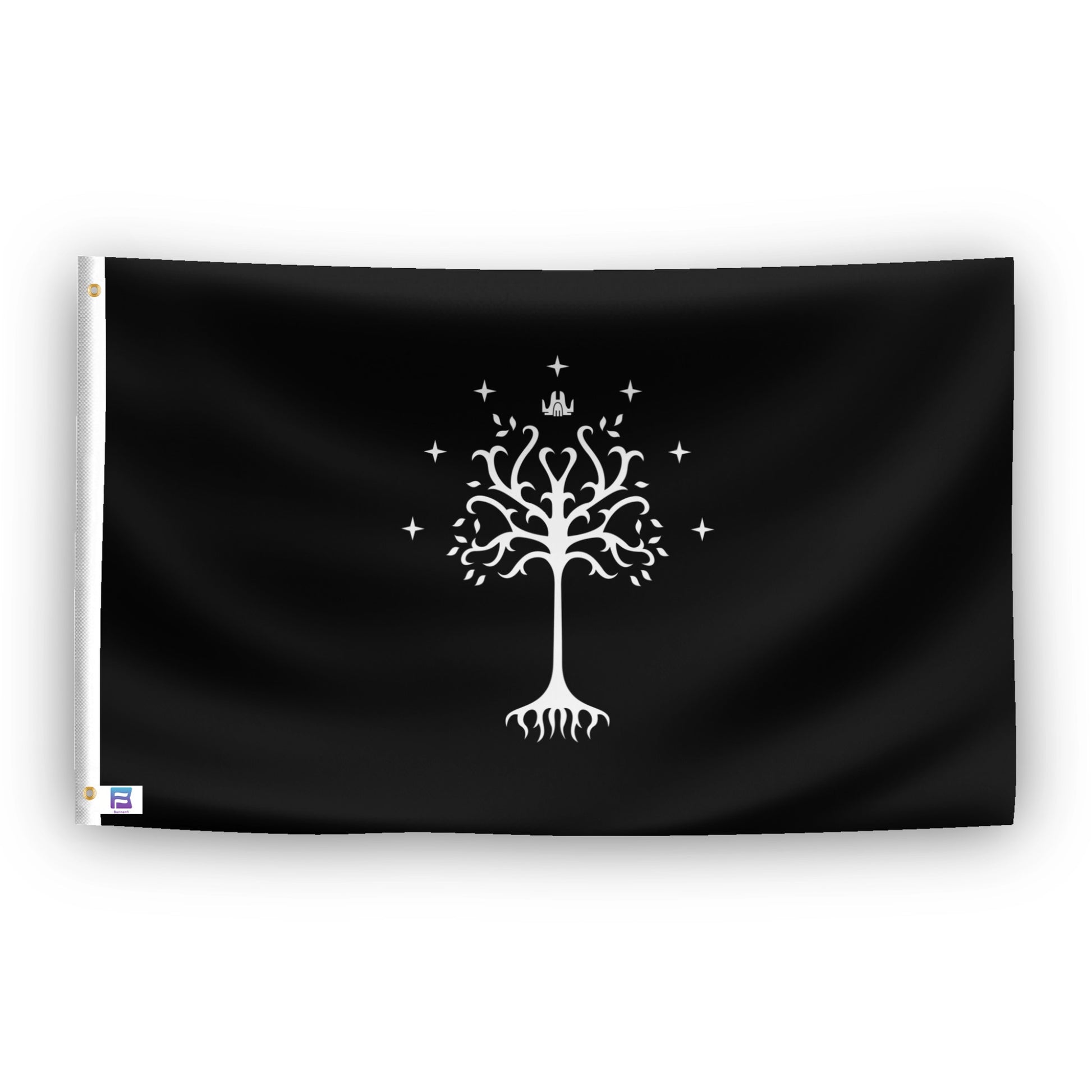 A flag with the theme "LOTR White Tree of Gondor Symnbol", displayed with two brass grommets reinforced with a white canvas header.
