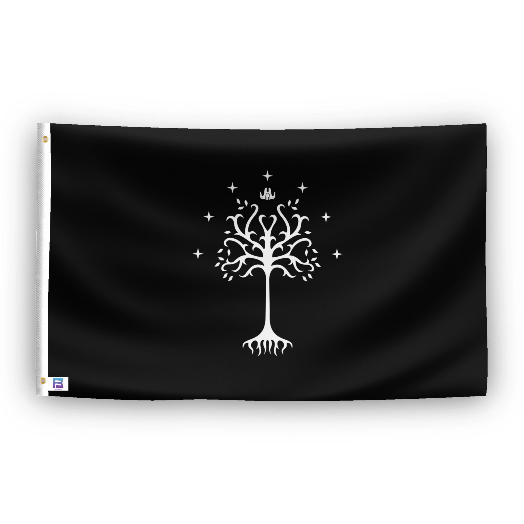 A flag with the theme "LOTR White Tree of Gondor Symnbol", displayed with two brass grommets reinforced with a white canvas header.