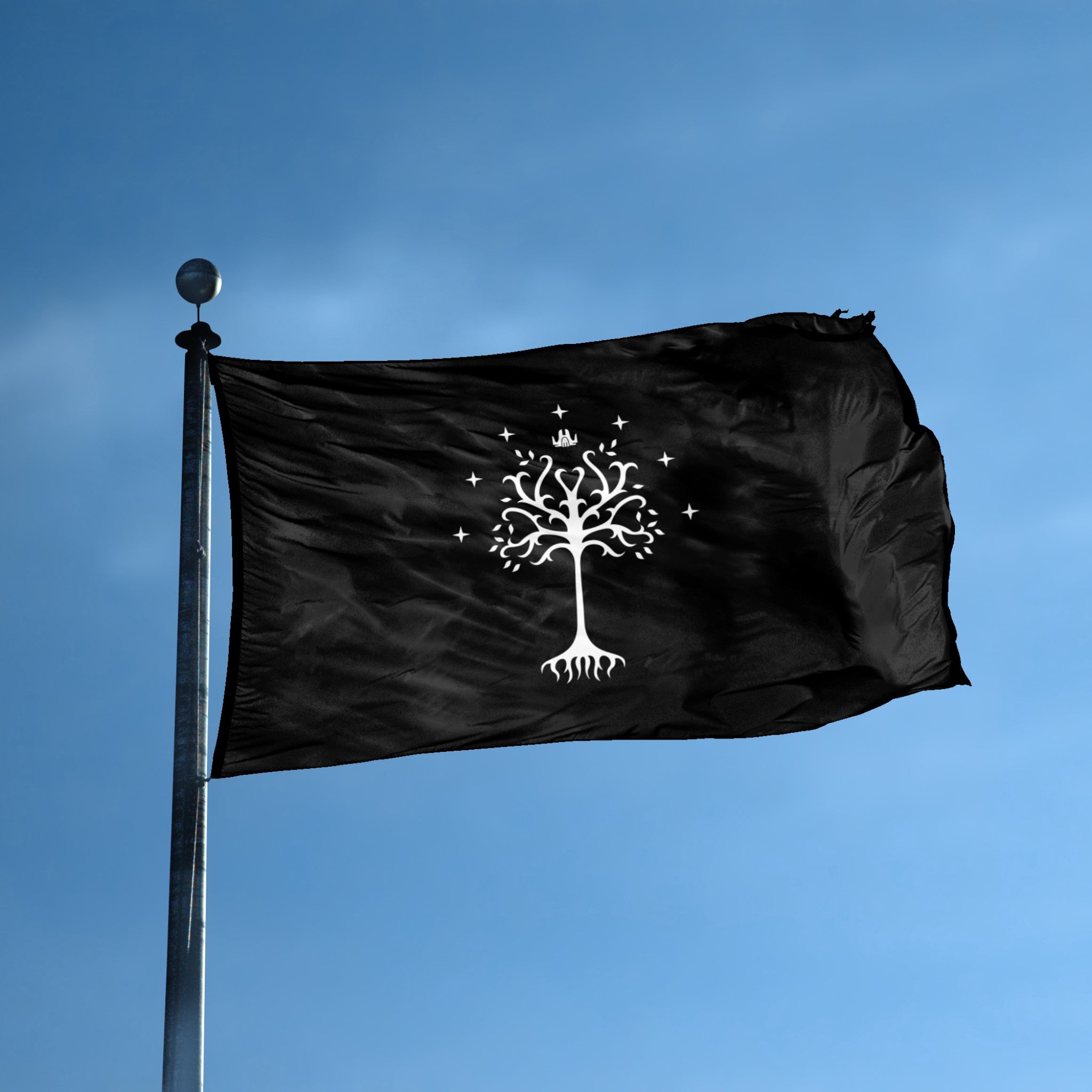 A flag with the theme "LOTR White Tree of Gondor Symnbol" displayed on a tall flag pole and blue skies.