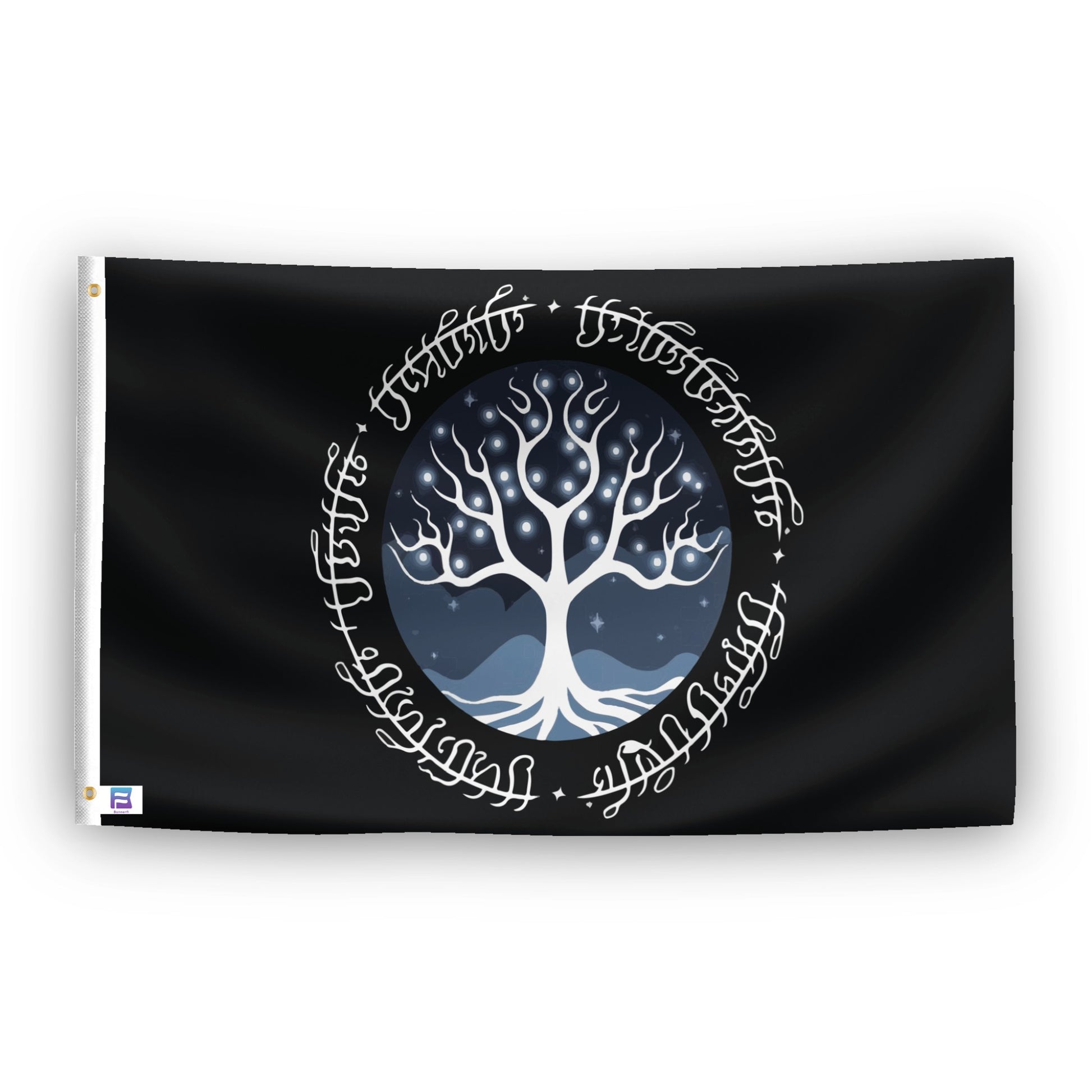 A flag with the theme "LOTR White Tree of Gondor Heraldry", displayed with two brass grommets reinforced with a white canvas header.
