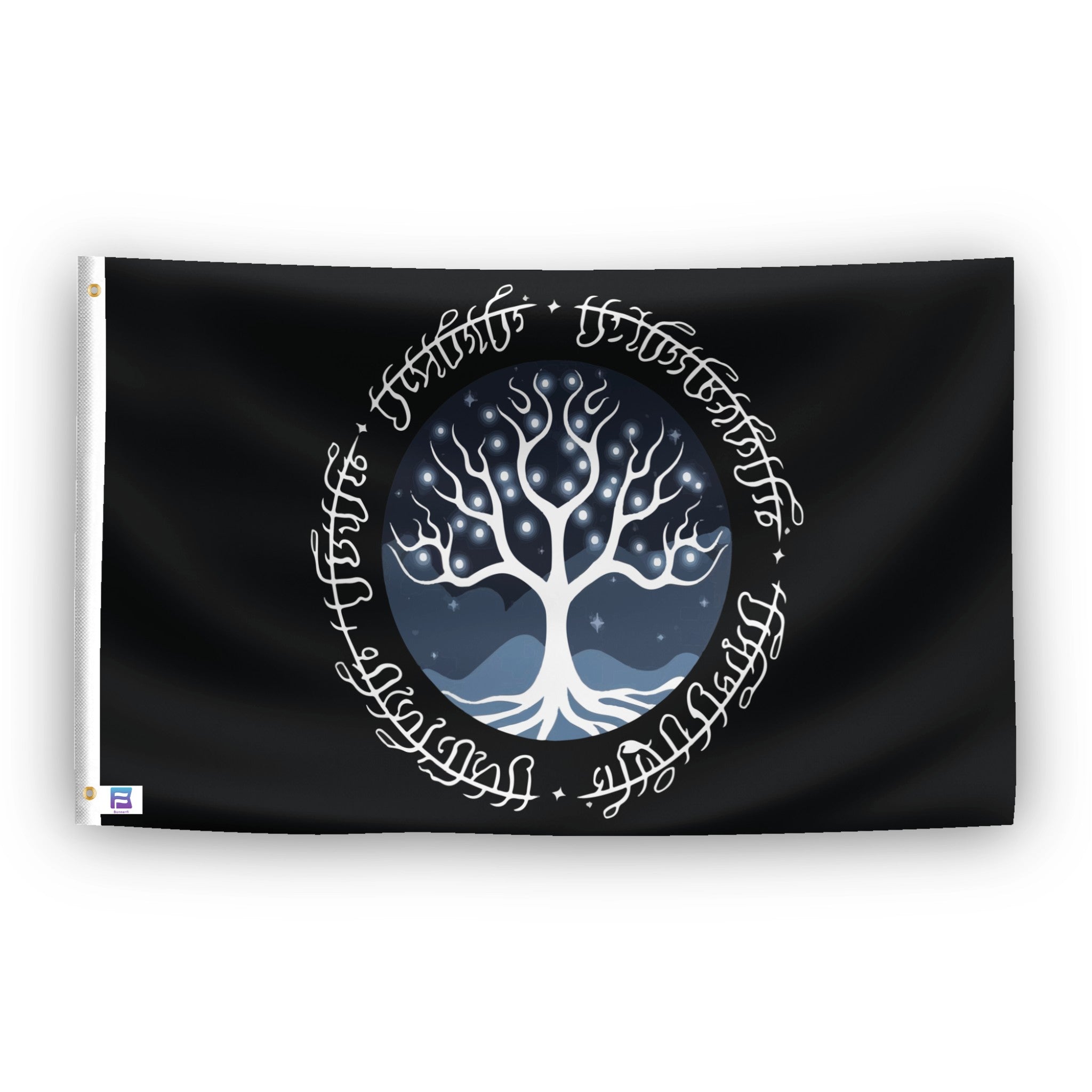 A flag with the theme "LOTR White Tree of Gondor Heraldry", displayed with two brass grommets reinforced with a white canvas header.