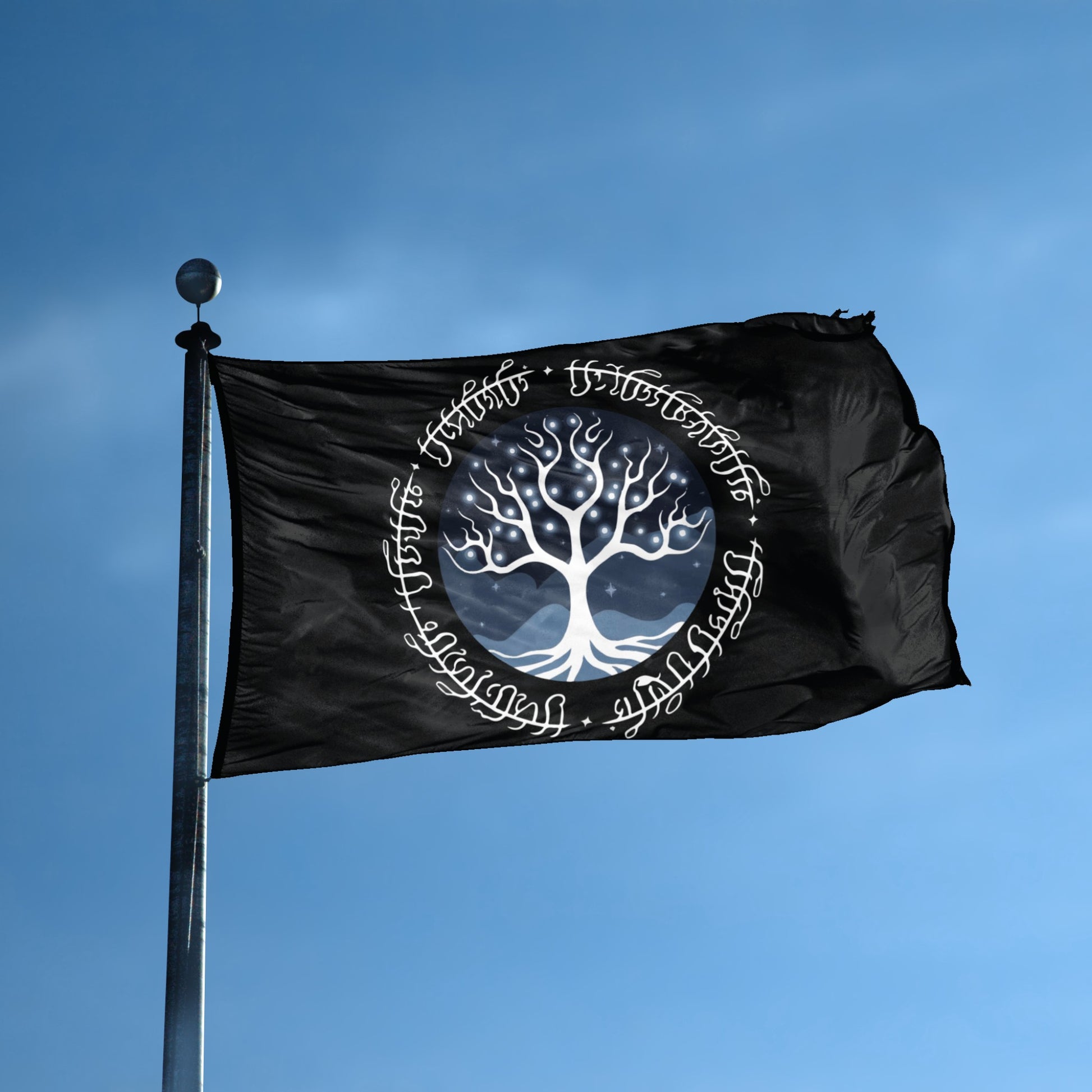 A flag with the theme "LOTR White Tree of Gondor Heraldry" displayed on a tall flag pole and blue skies.