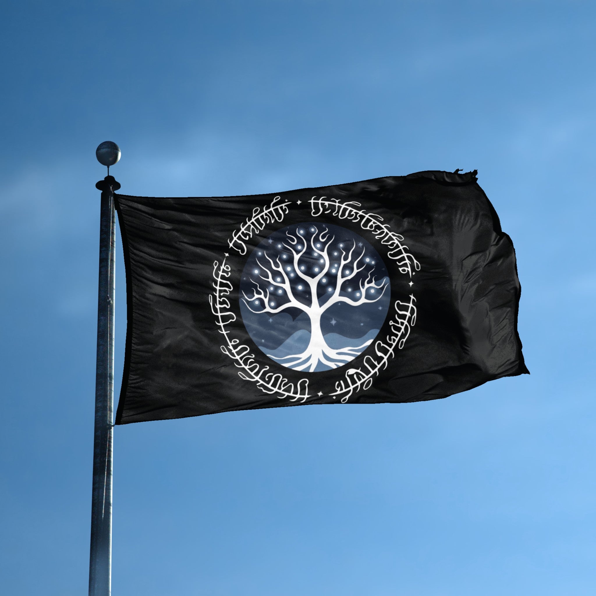 A flag with the theme "LOTR White Tree of Gondor Heraldry" displayed on a tall flag pole and blue skies.