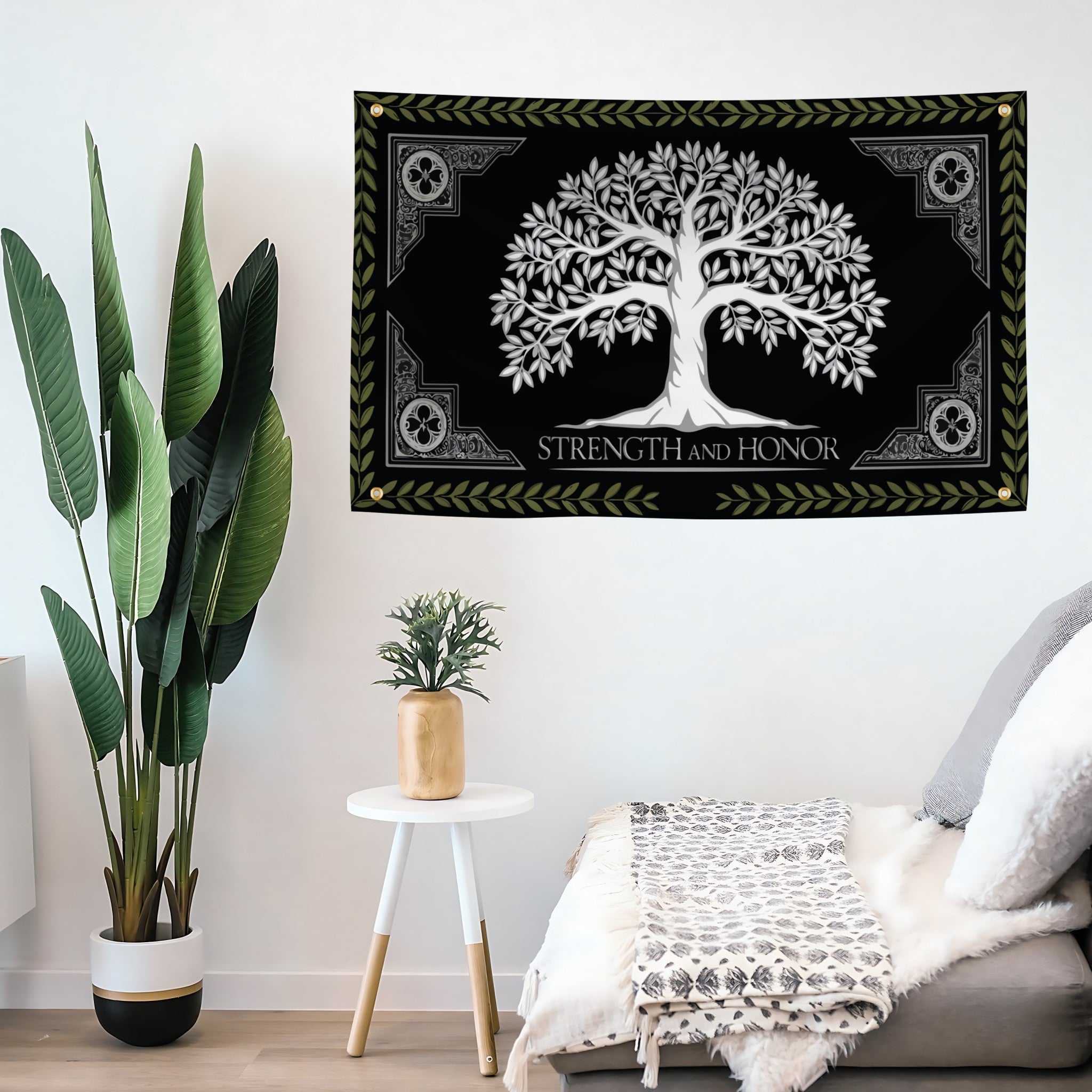 Decorative wall flag banner with the LOTR White Tree of Gondor Strength And Honor black and white design.