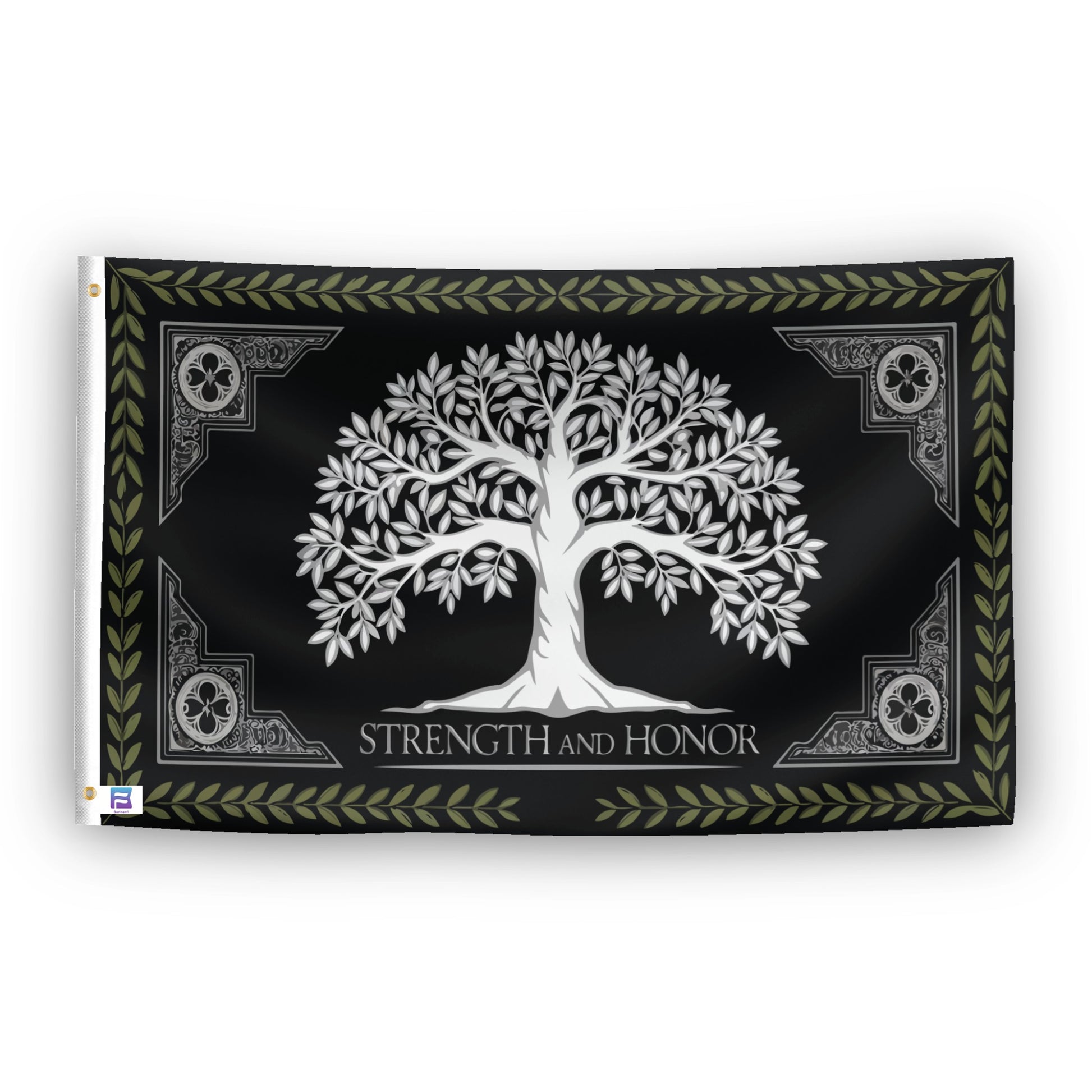 A flag with the theme "LOTR WTOG Strength And Honor", displayed with two brass grommets reinforced with a white canvas header.