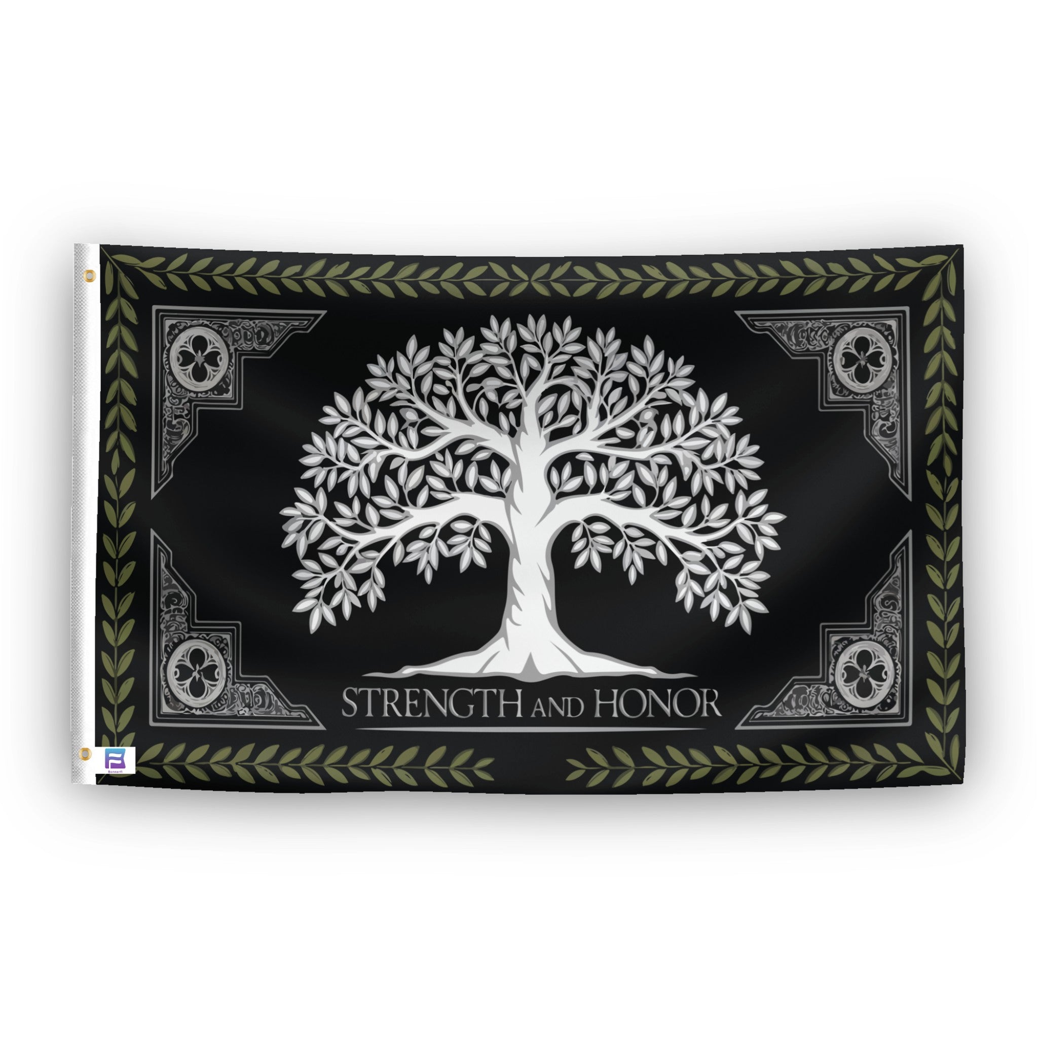 A flag with the theme "LOTR WTOG Strength And Honor", displayed with two brass grommets reinforced with a white canvas header.