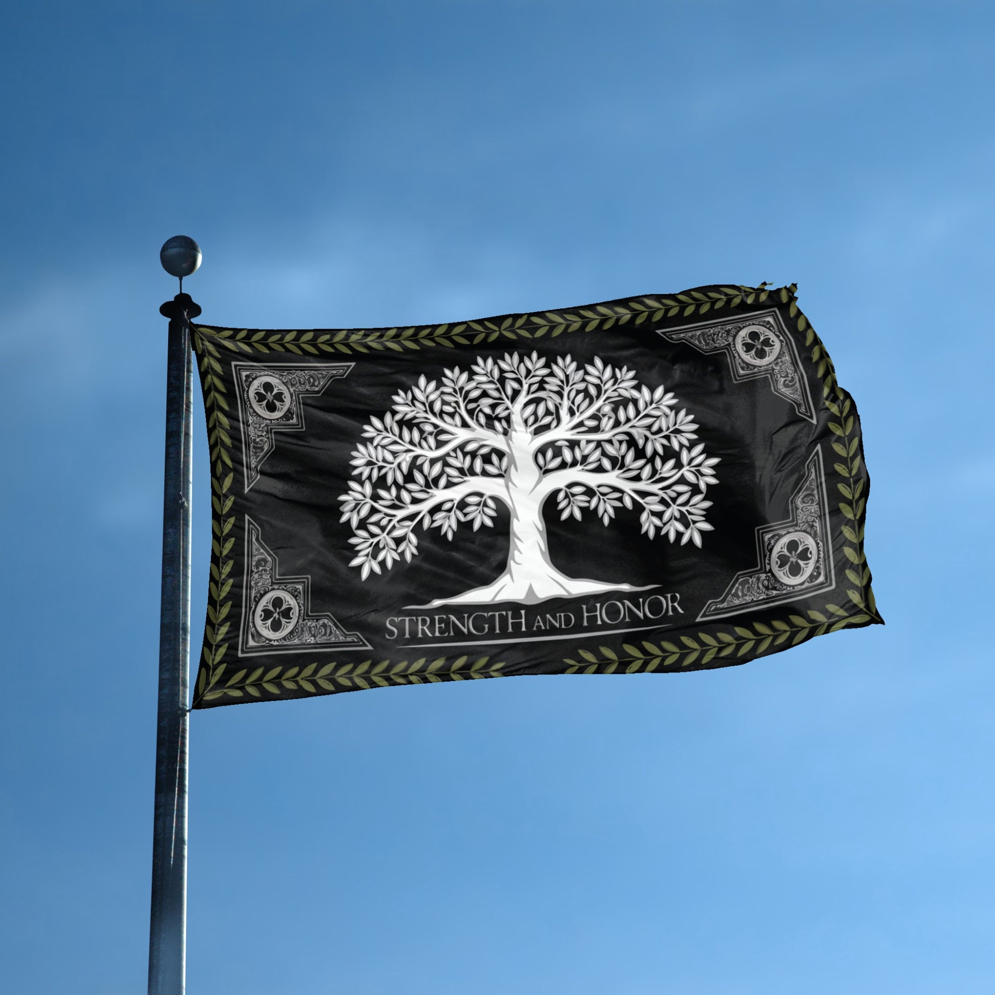 A flag with the theme "LOTR WTOG Strength And Honor" displayed on a tall flag pole and blue skies.