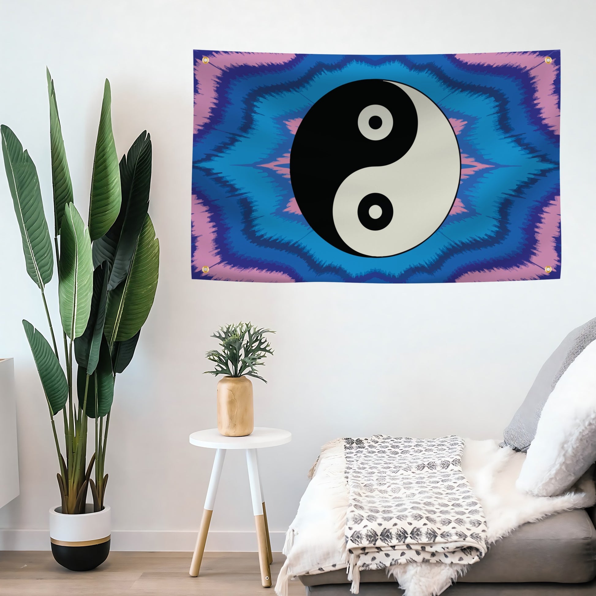 Yin and yang symbol flag banner on a colorful abstract background in a living room setting.