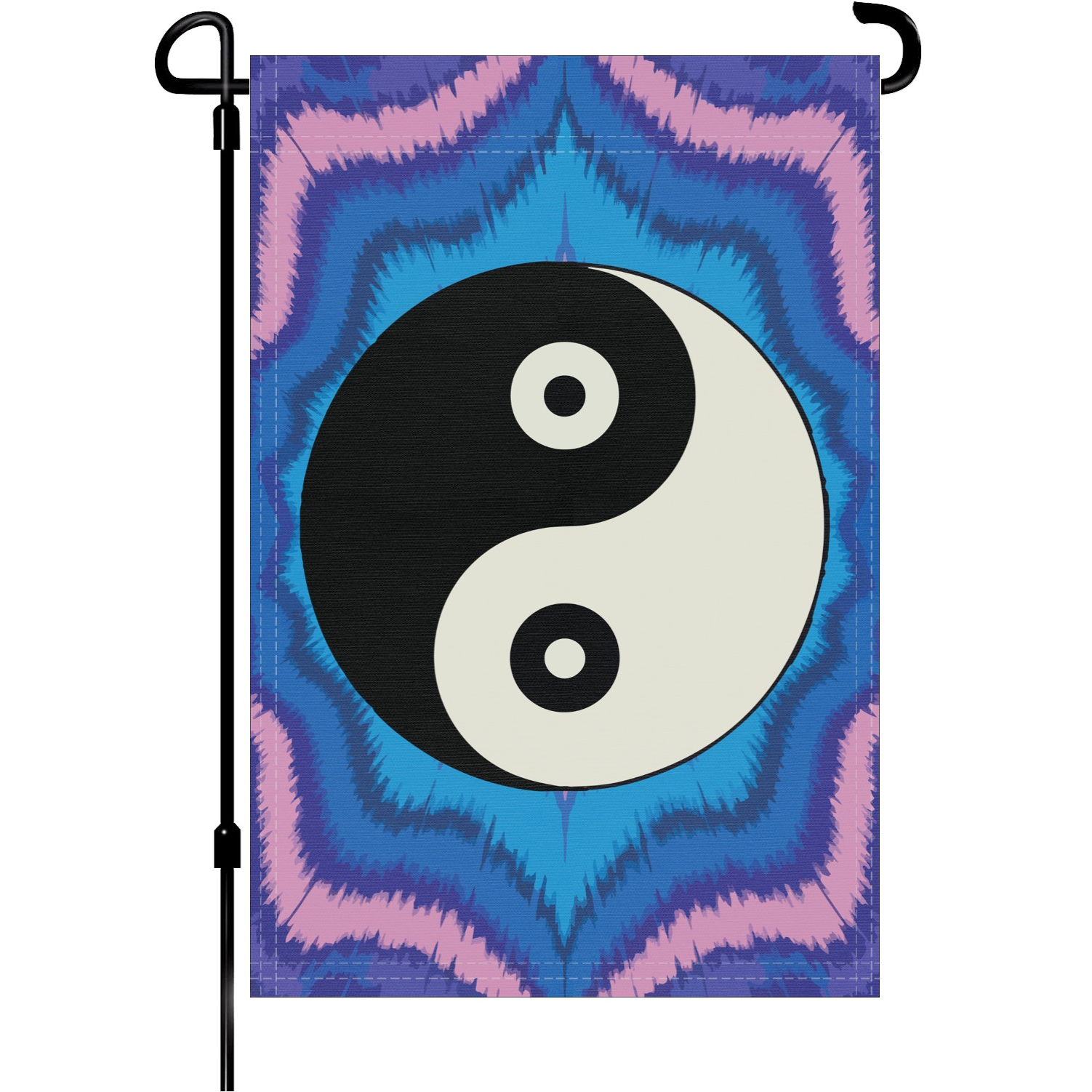 Yin Yang Symbol garden flag made of weatherproof polyester mounted on a garden flagpole | Bannerfi