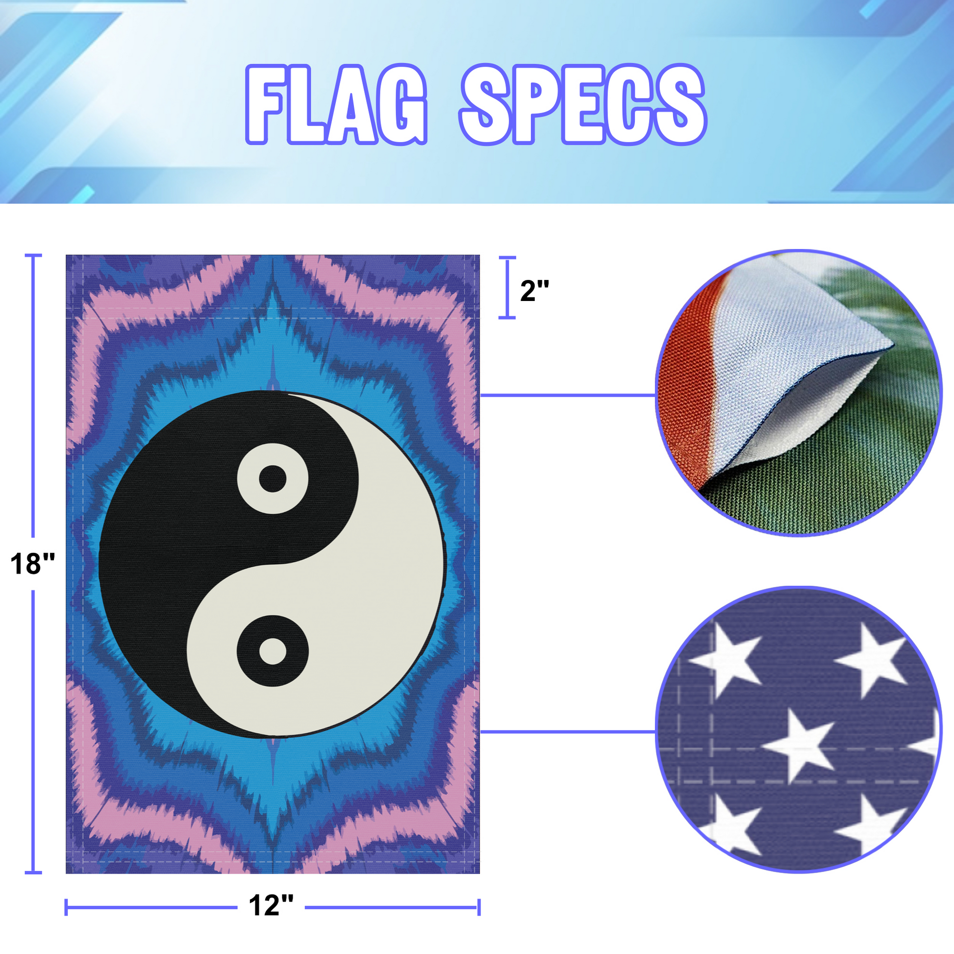 Yin Yang Symbol garden flag size specifications, showing 12 inch width by 18 inch height and a 2 inch pole sleeve for a standard garden flagpole.