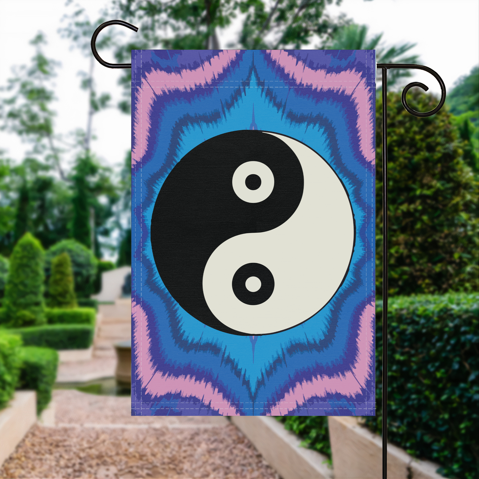Yin Yang Symbol garden flag made of weatherproof polyester displayed in a garden | Bannerfi
