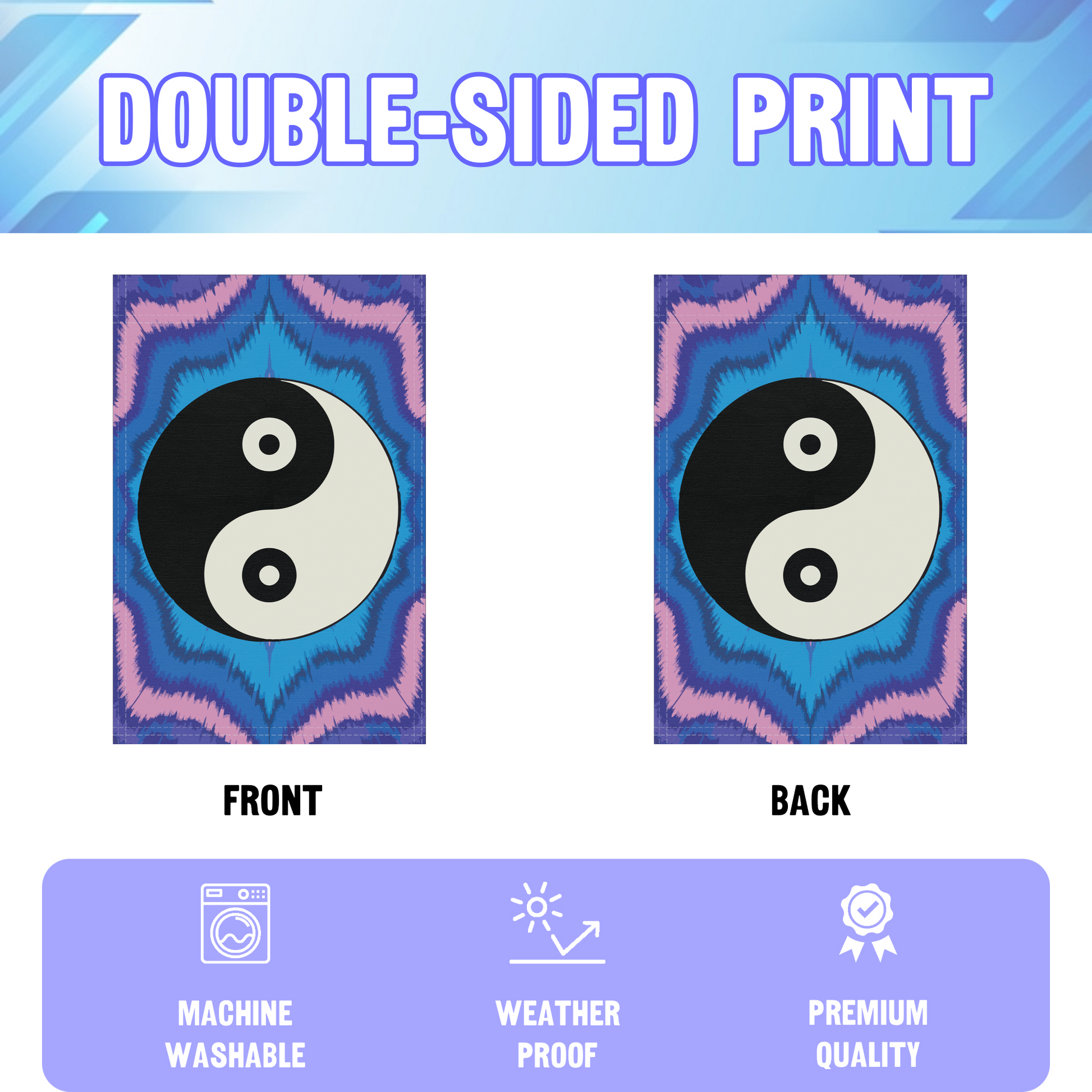 Yin Yang Symbol garden flag displayed in an infographic, showing the double sided print and high quality characteristics | Bannerfi