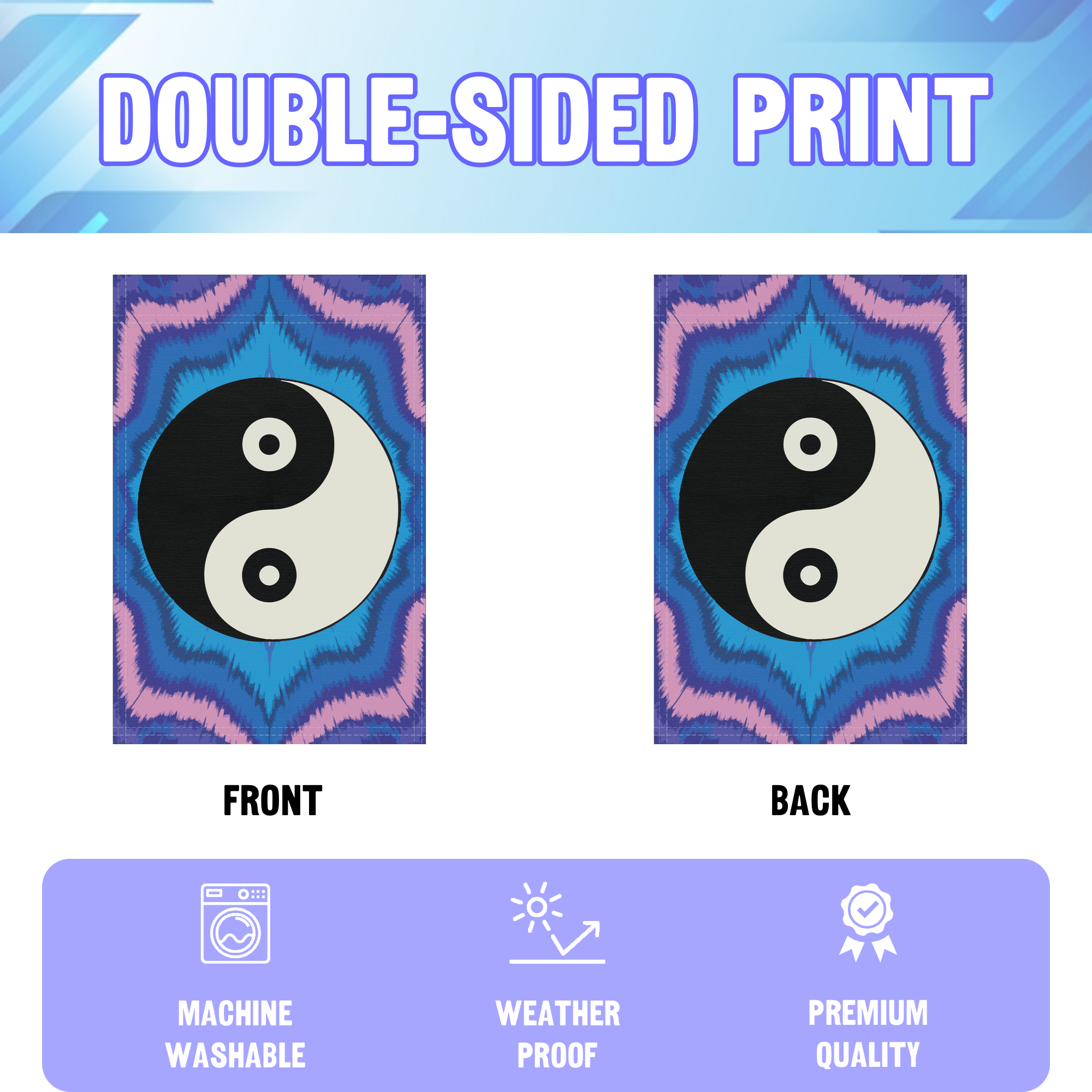 Yin Yang Symbol garden flag displayed in an infographic, showing the double sided print and high quality characteristics | Bannerfi