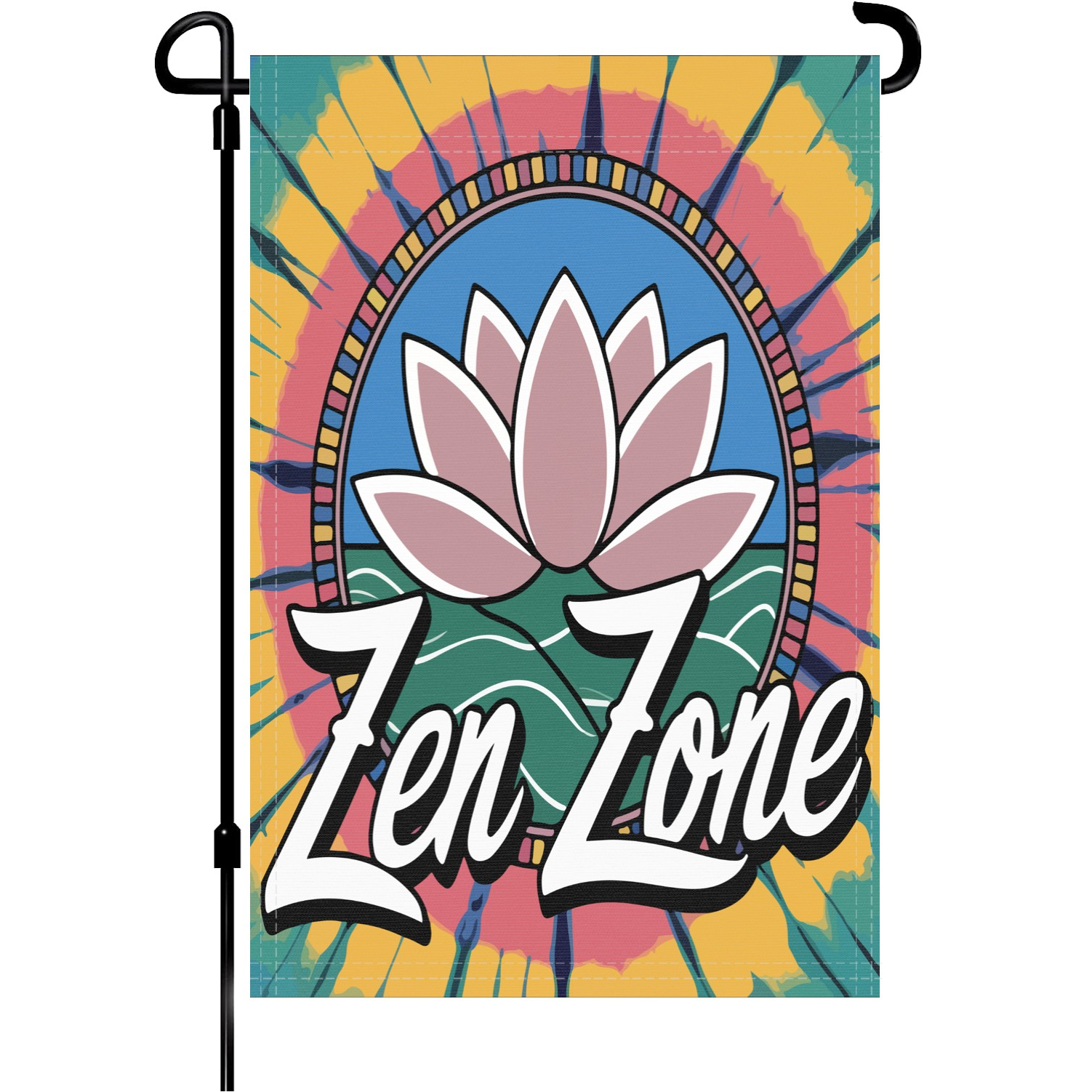 Zen Zone garden flag made of weatherproof polyester mounted on a garden flagpole | Bannerfi