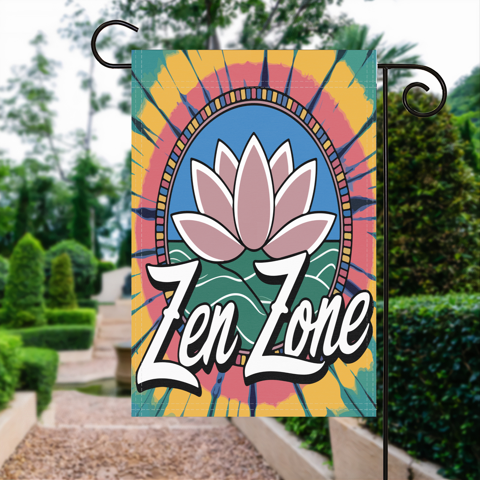 Zen Zone garden flag made of weatherproof polyester displayed in a garden | Bannerfi