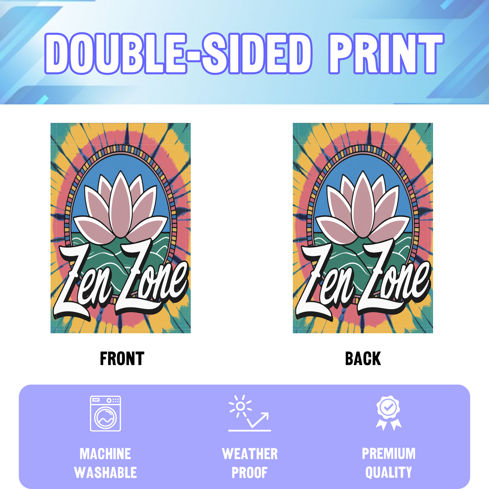 Zen Zone garden flag displayed in an infographic, showing the double sided print and high quality characteristics | Bannerfi