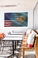 Load image into Gallery viewer, a room with a flag hanging on the wall
