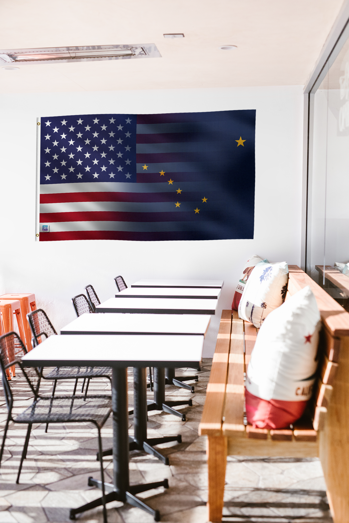 a room with a flag hanging on the wall