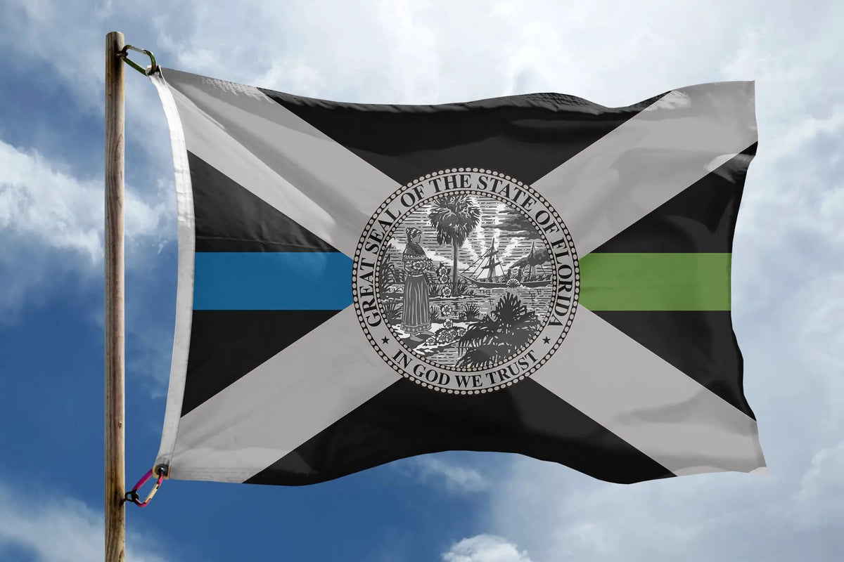 State of Florida Thin Line Flag for house display on a wooden pole; black/white diagonal field with blue/green stripe and central state seal.