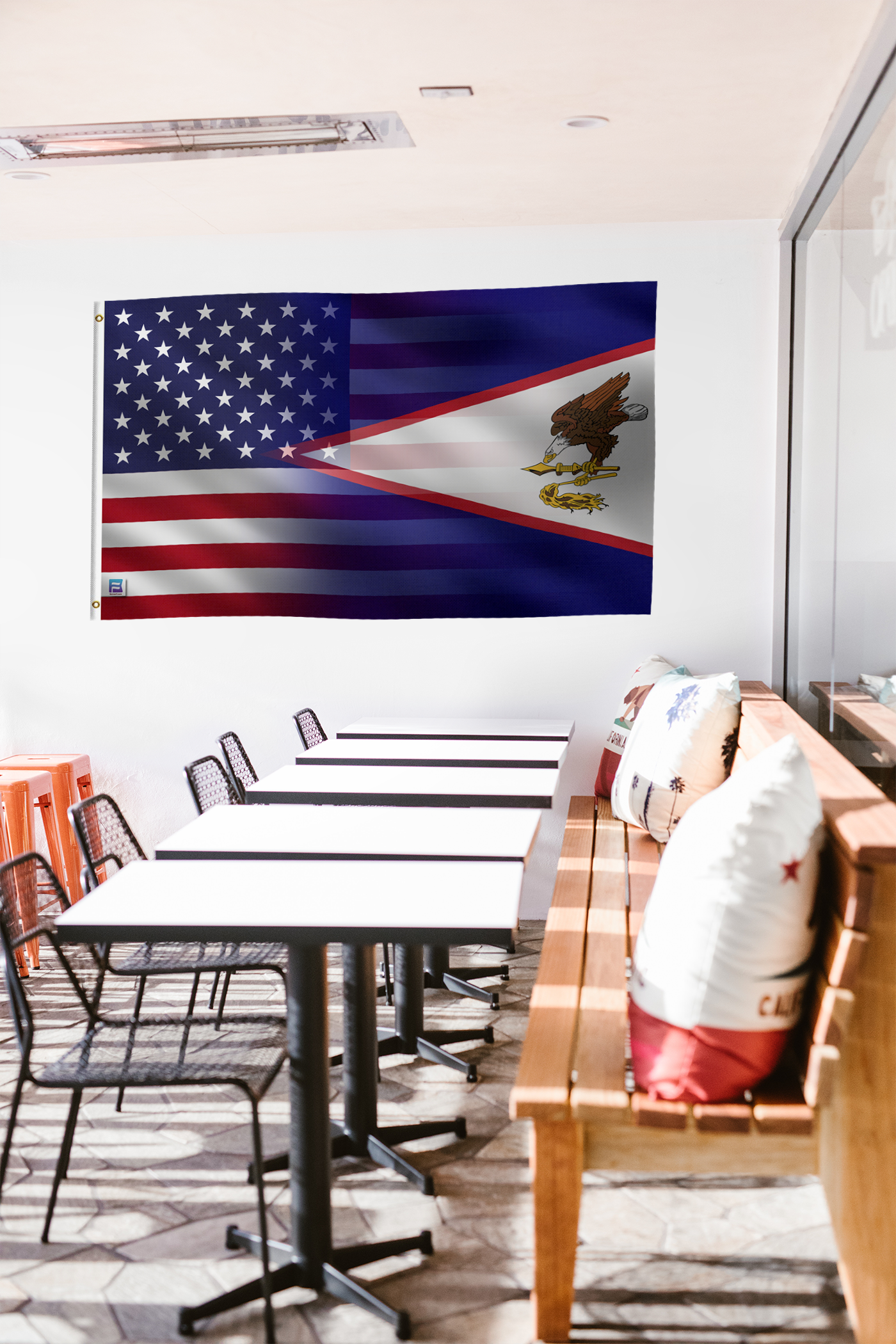 a room with a flag hanging on the wall