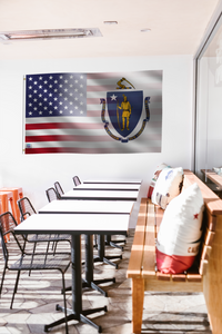 a room with a flag hanging on the wall