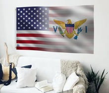 Load image into Gallery viewer, a living room with a guitar and an american flag on the wall
