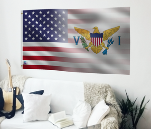 a living room with a guitar and an american flag on the wall