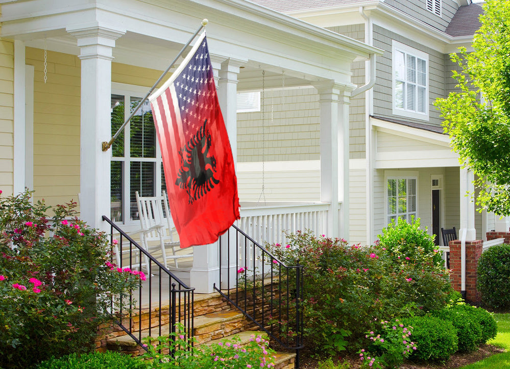 an american Albanian flag hybrid on a porch of a house