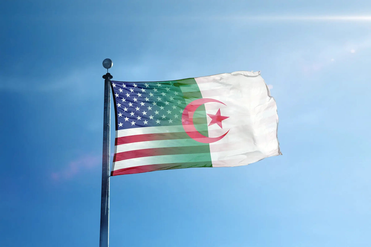 Algerian American Hybrid Flag on a flagpole, blending US stars and stripes with Algerian crescent and star.