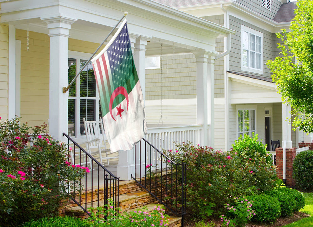 a flag on a porch of a house