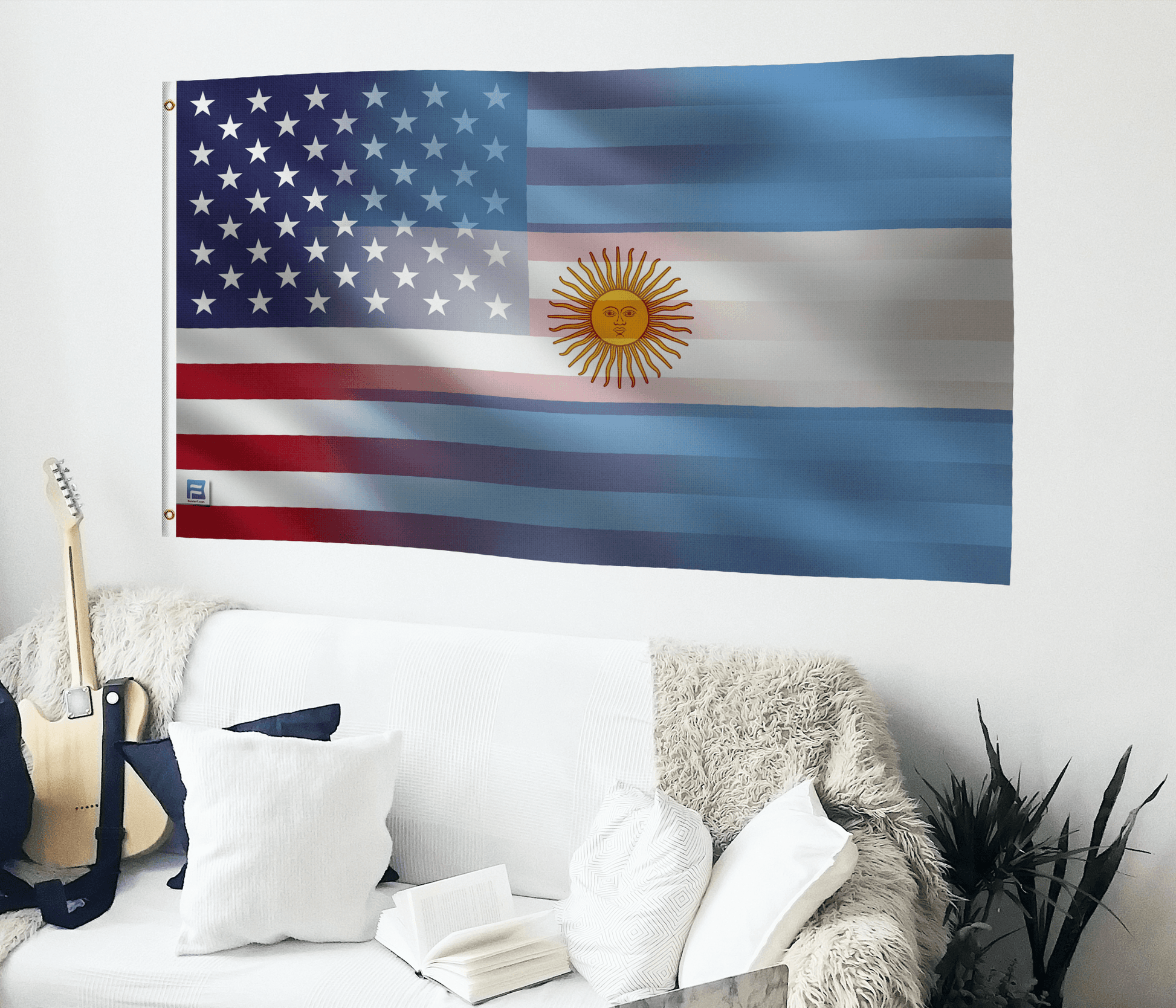 a living room with a guitar and a flag on the wall