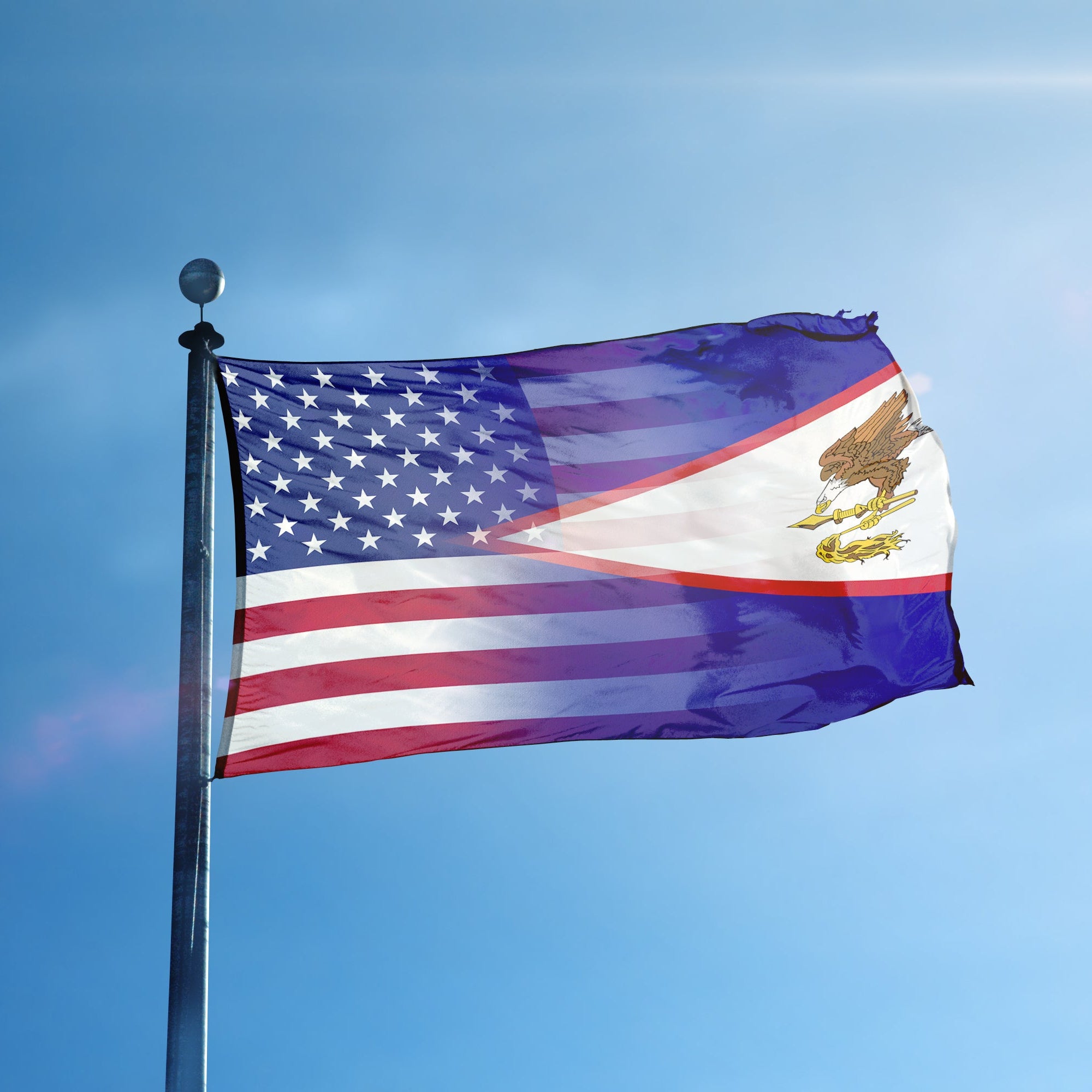 American Samoa & American Flag Blend flying on a flagpole.