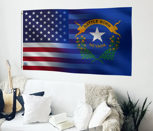 a living room with a guitar and a flag on the wall