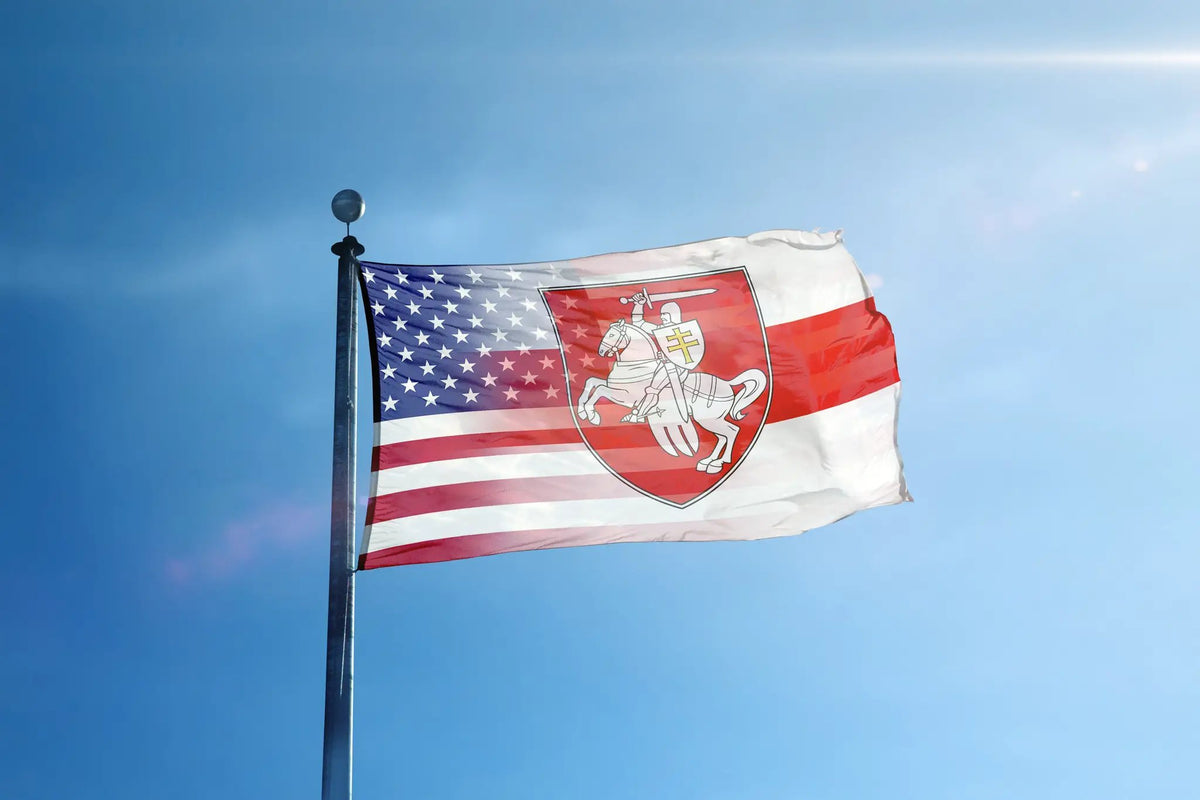 Belarusian American Hybrid Flag with U.S. stripes and Pahonia coat of arms on a flagpole.