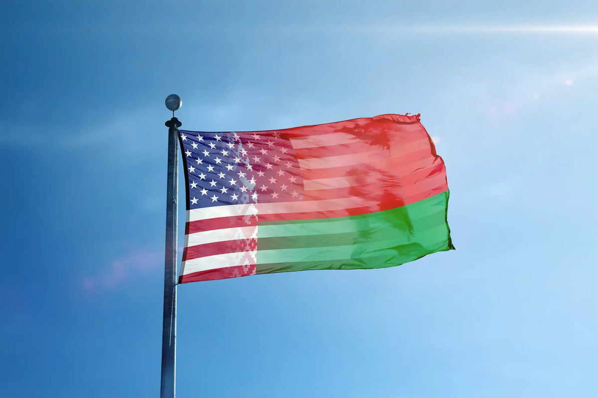 Belarusian American Hybrid Flag on a flagpole, blending US stars and stripes with Belarusian red-green colors.