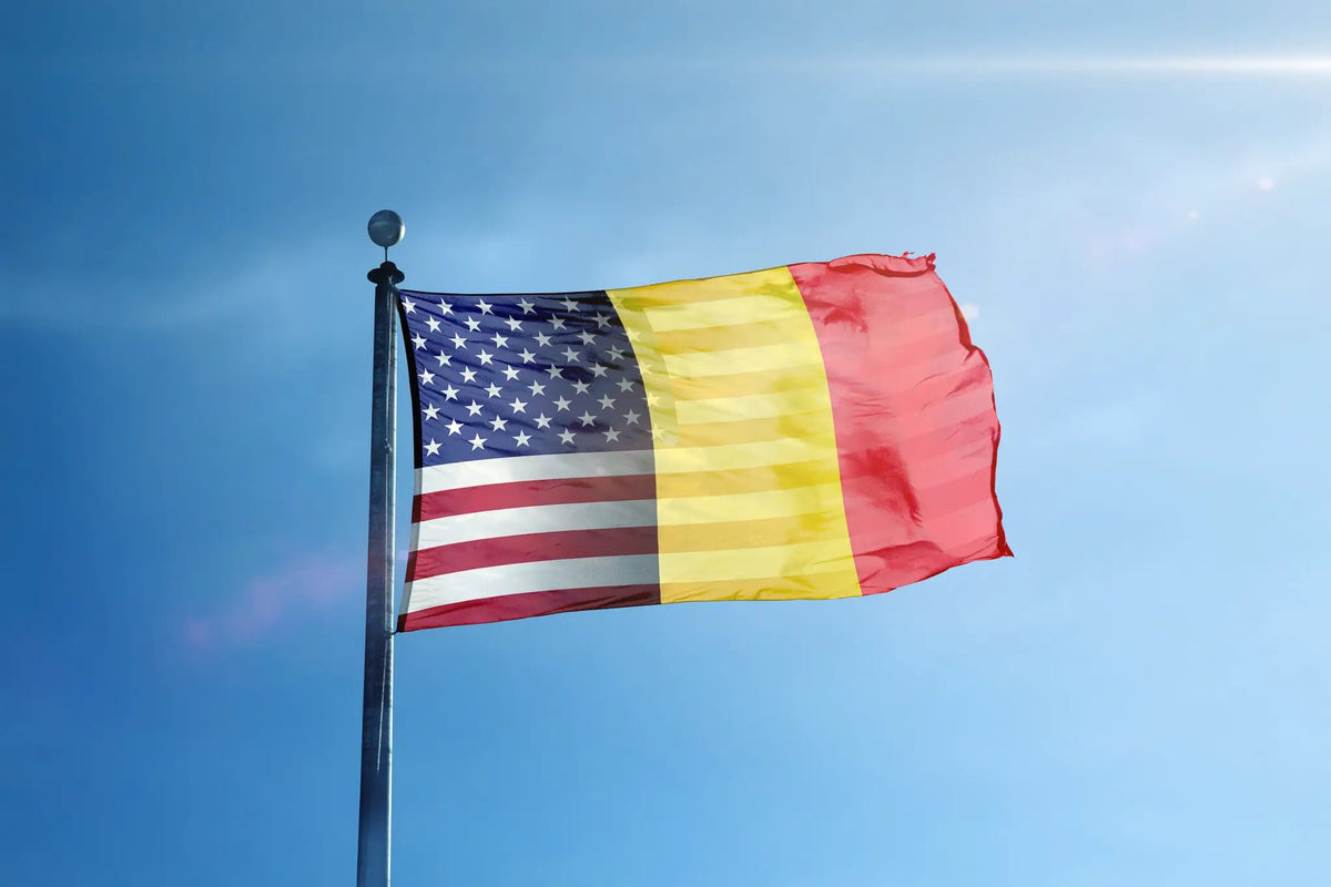 Belgian American Hybrid Flag (Bannerfi) House flag with US stars and Belgian tricolor waving on a flagpole.