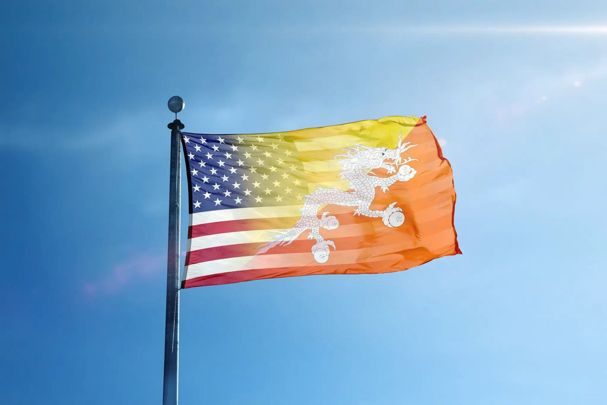 Bhutia American Hybrid Flag by Bannerfi; US flag left with stars, dragon on orange-yellow right, waving at flagpole.